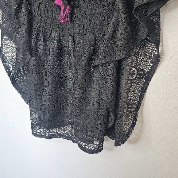 Black Lace Womens Swim Cover Tie Strings Tassels V Neck Elastic Waist - Picture 7 of 8